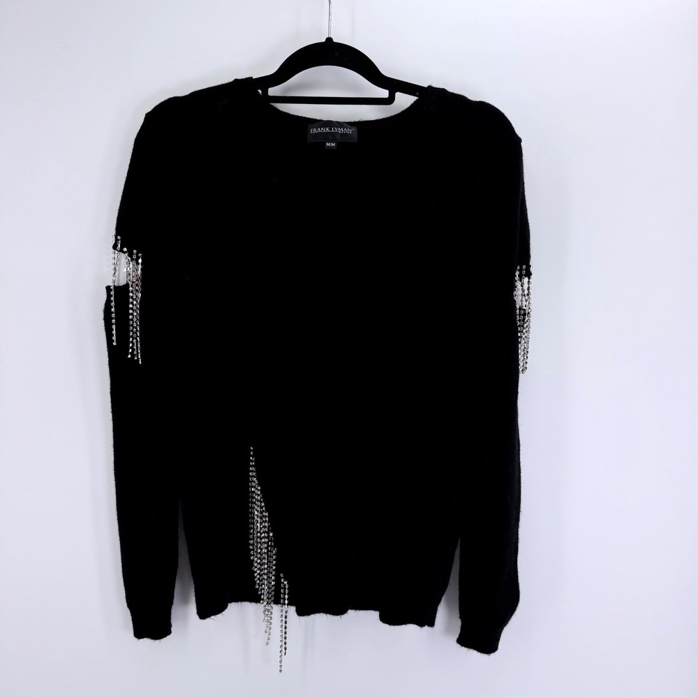 Frank Lyman Design Black Rhinestone Fringe Cut Out Pullover Sweater Medium
